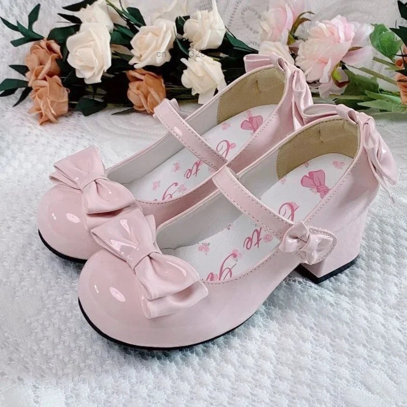 2024 Lolita Style Round Toe Mary Jane Pumps – Cute Bow Midi Heels for Women, Sweet Party PU Shoes