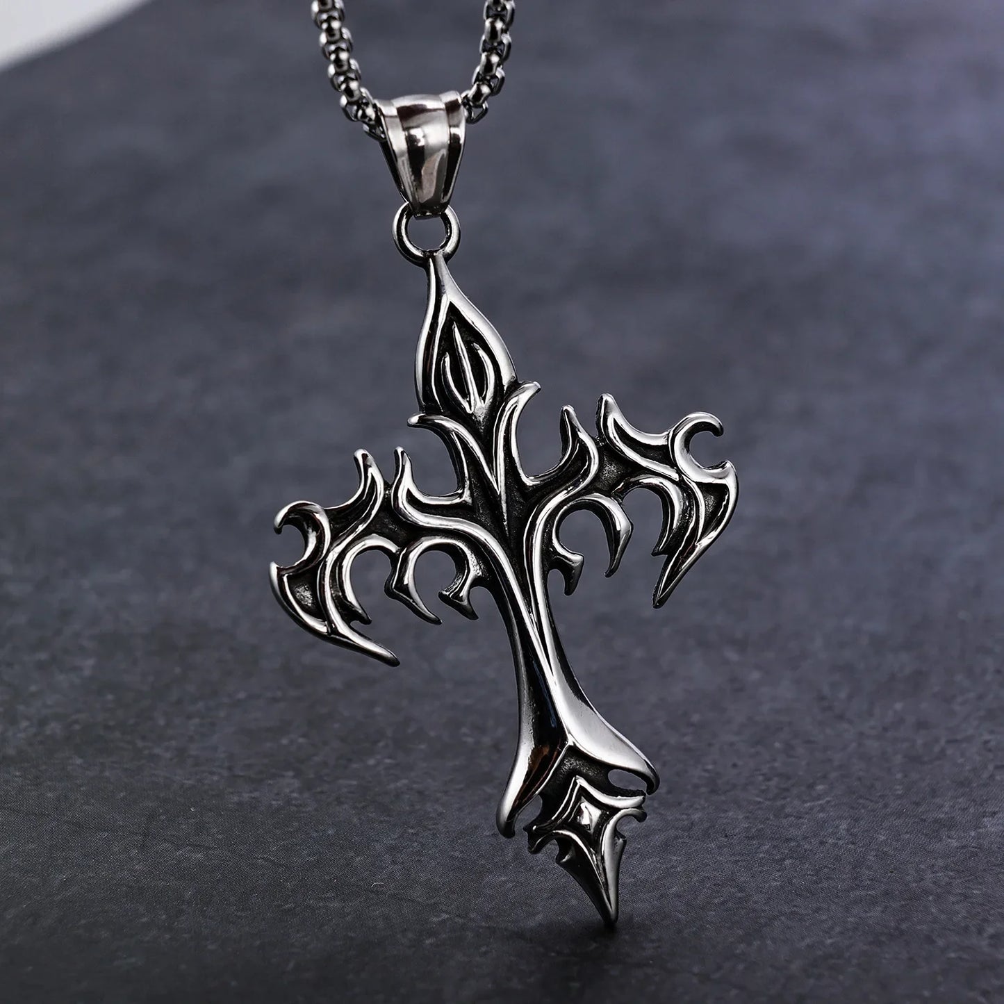 Stainless Steel Flame Cross Pendant Necklace – Retro Titanium Steel Men’s Jewelry