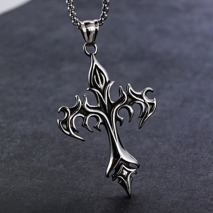 Stainless Steel Flame Cross Pendant Necklace – Retro Titanium Steel Men’s Jewelry
