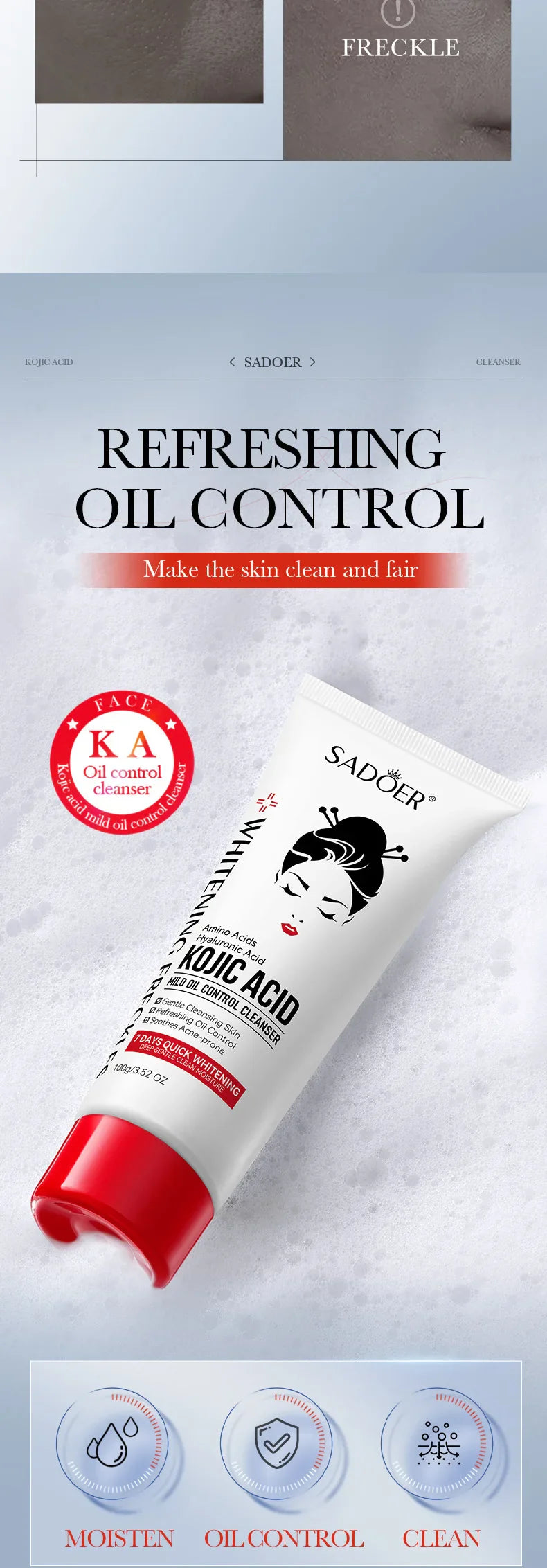 SADOER Kojic Acid Facial Cleanser – Moisturizing & Brightening Face Wash Foam for Skincare