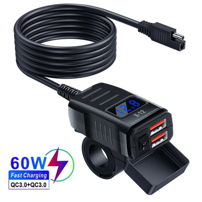 PD QC3.0 Motorcycle USB Fast Charger 60W – Dual USB Handlebar Socket with Switch & Voltmeter Waterproof 12V Power Adapter
