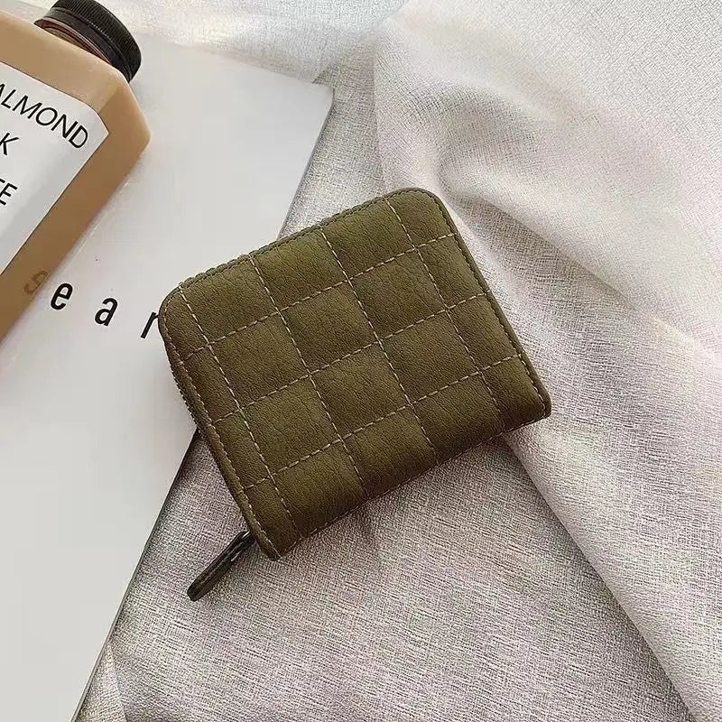 Women’s Small PU Leather Zipper Wallet with Coin Purse – Cute Plaid Mini Korean Card Holder, New Arrival