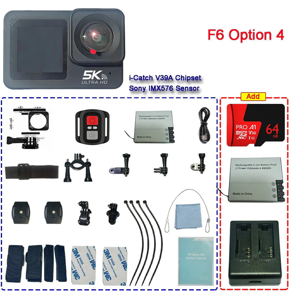 F6W Action Camera — 5K/4K60FPS, 48MP, 2.2" Touch LCD, EIS, Dual Screen, Wi-Fi, 170° Waterproof 30M, 8X Zoom Sports Camera with Wireless Mic