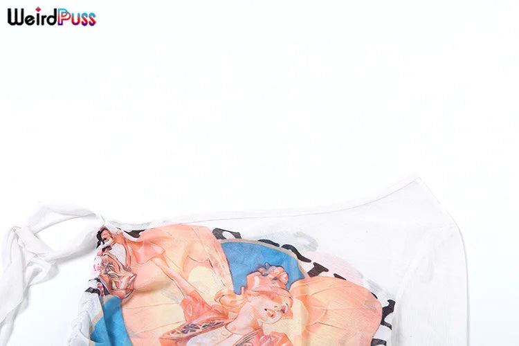Weird Puss One-Shoulder Crop Top for Women – See-Through Bandage Graphic T-Shirt, Sexy Summer Clubwear 2024
