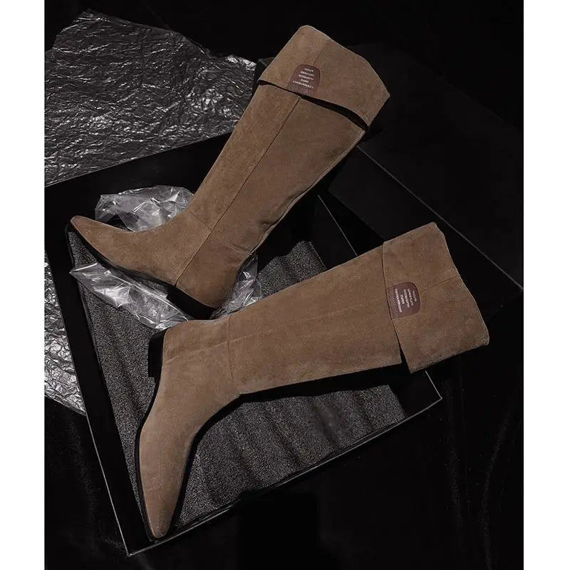 MORAZORA Women’s Cow Suede Knee-High Boots – Pointed Toe, Low Square Heel, Autumn Winter Long Boots, Size 34-41