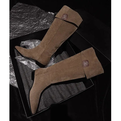MORAZORA Women’s Cow Suede Knee-High Boots – Pointed Toe, Low Square Heel, Autumn Winter Long Boots, Size 34-41