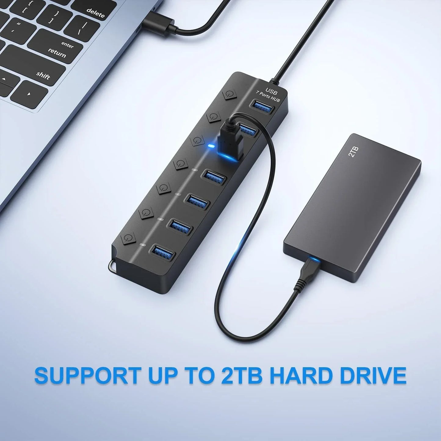 USB 3.0 Hub — 7-Port High-Speed Splitter with Power Adapter, Switch & Long Cable Expander
