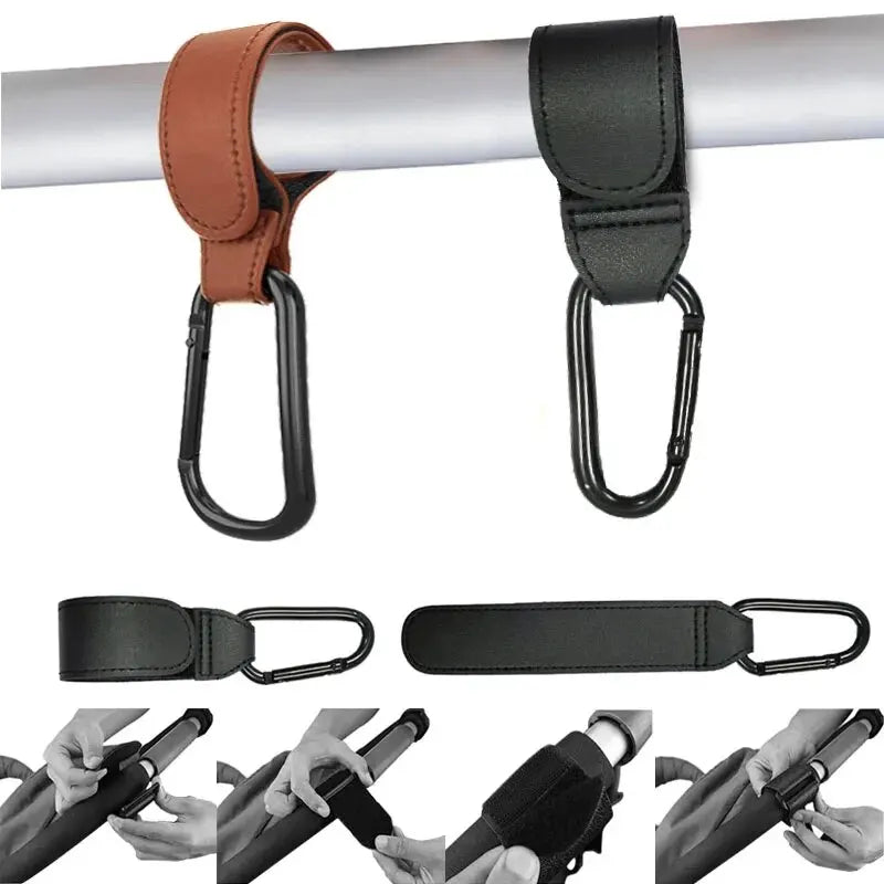 Leather Baby Stroller Hook Organizer – PU Adjustable Pram Hook & Diaper Bag Hanger for Travel & Baby Accessories Storage