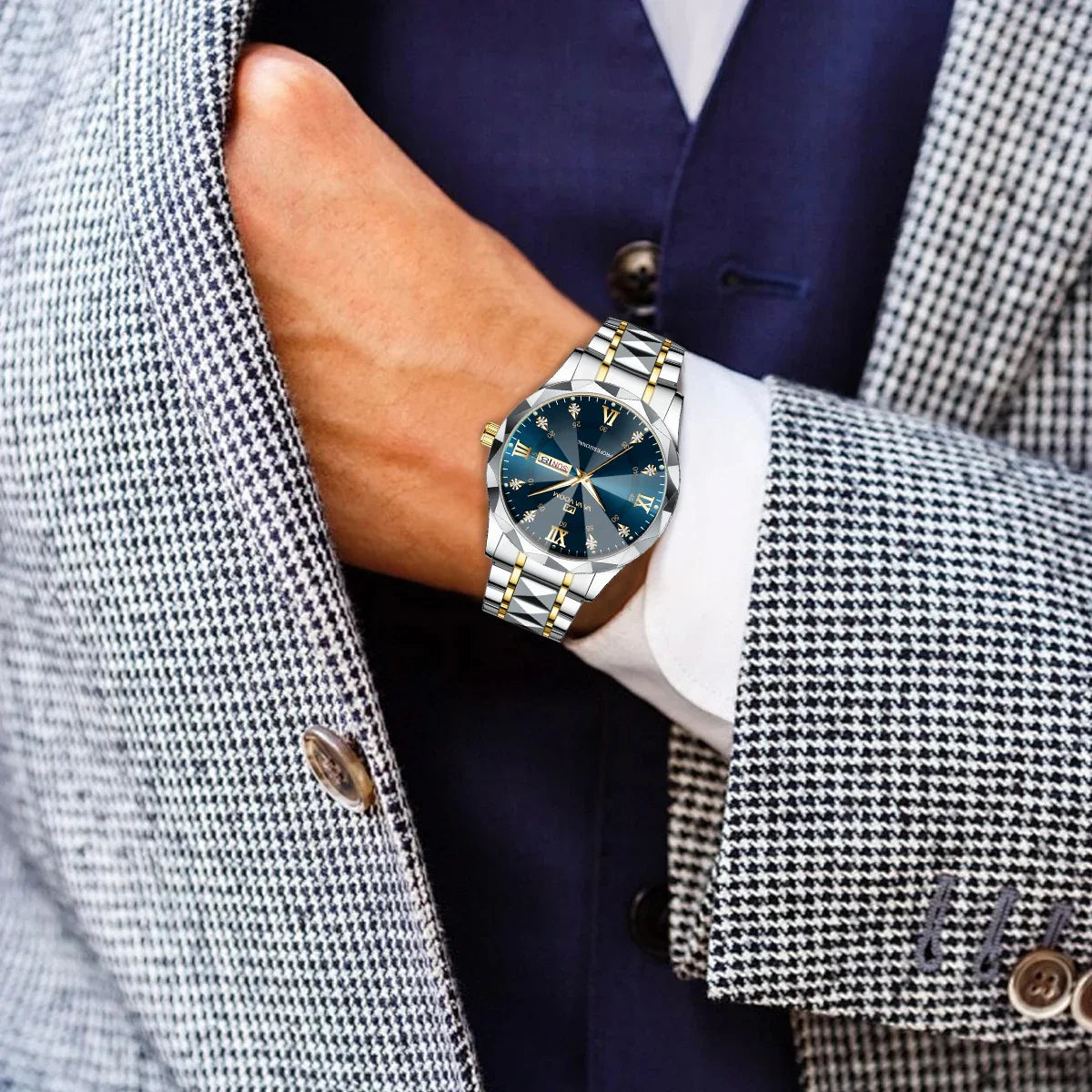 Men's Luxury Water Diamond Watch – Blue & Gold Stainless Steel, Night Glow, Double Calendar Quartz Movement, 41mm Business Fashion Watch