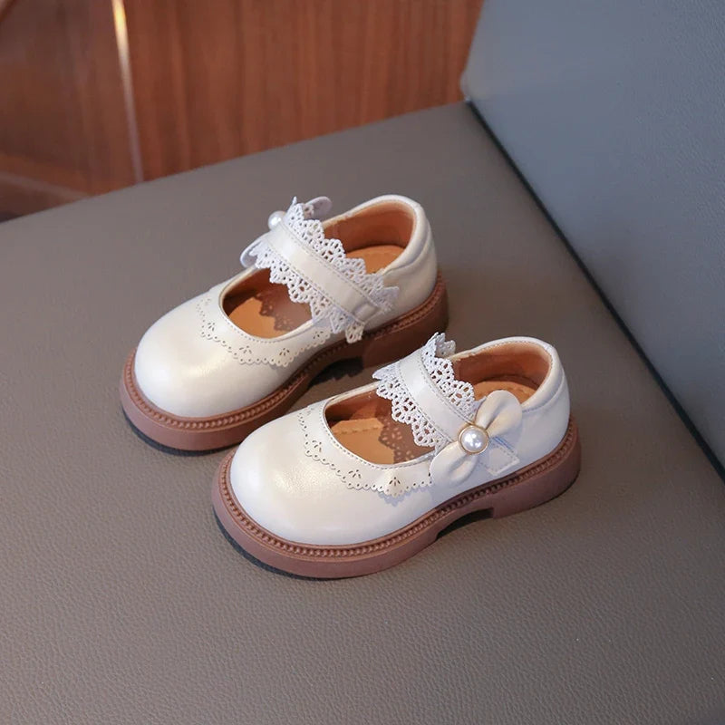 Girls Soft Leather Shoes - Beige Single Shoes with Flexible Bottom, Sizes 23-36