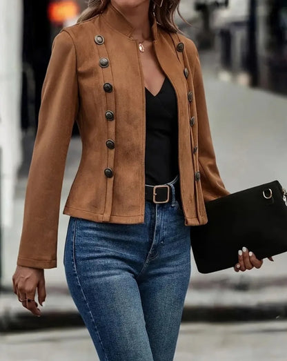 Vintage Women's Black Double-Breasted Jacket Coat – Casual Long-Sleeve Deerskin Fashion for Fall & Winter