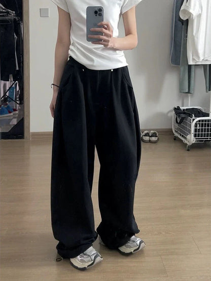 HOUZHOU Vintage Baggy Sweatpants for Women – Y2K Korean Wide-Leg Pants, Zipper Fly, Casual Streetwear, Autumn 2024 Loose Fit
