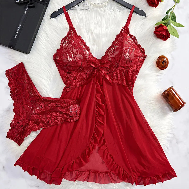 Women’s Lingerie Set — Plus Size Lace Nightgown, Thong & Suspender Sexy Sleepwear