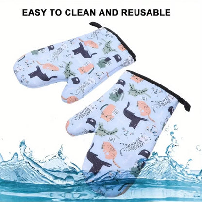 2PCS Cat Print Microwave Oven Mitts – Thickened Heat-Resistant Soft Cotton Gloves for Baking & Kitchen Use