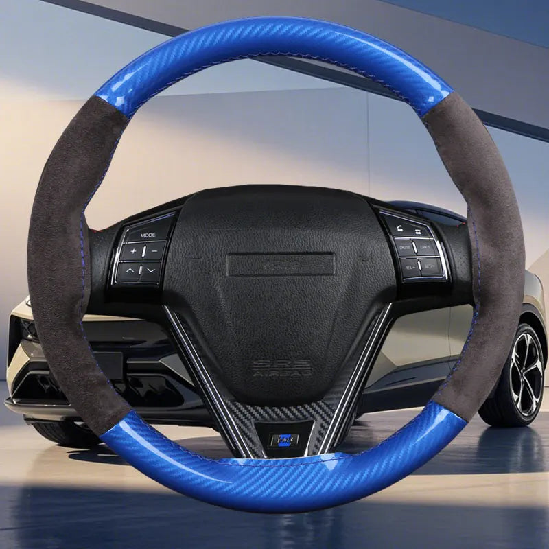 Dual-Tone Carbon Suede Steering Wheel Cover — Non-Slip, Soft Comfort, Universal Fit for Round & D-Type Wheels