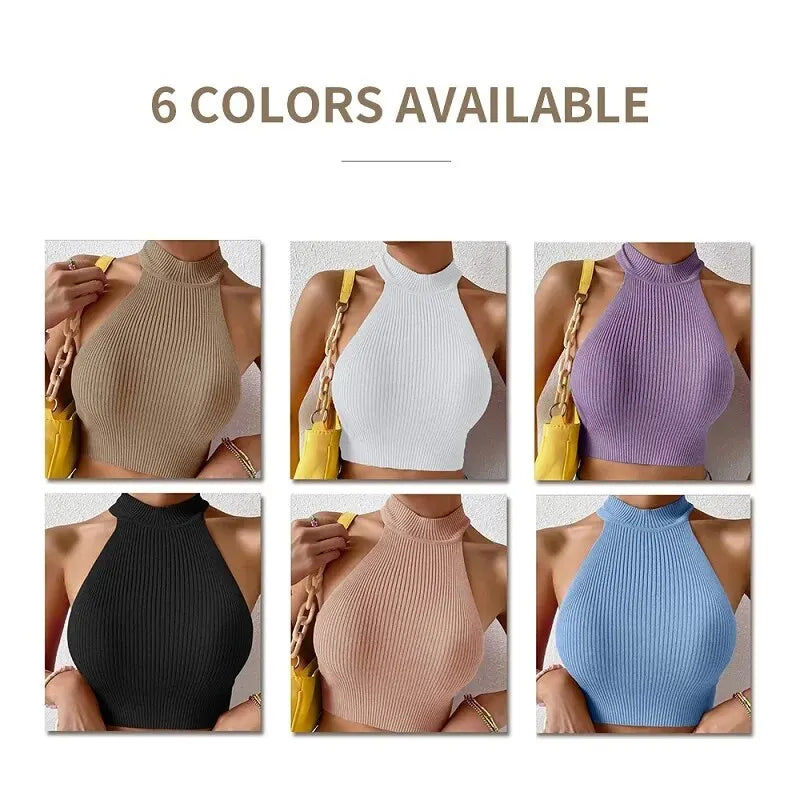 Y2K Chic: Women's Sleeveless Knit Halter Top - Slim Fitted Crop, Basics Solid Design, Turtleneck Ribbed Vest, High Neck Tank