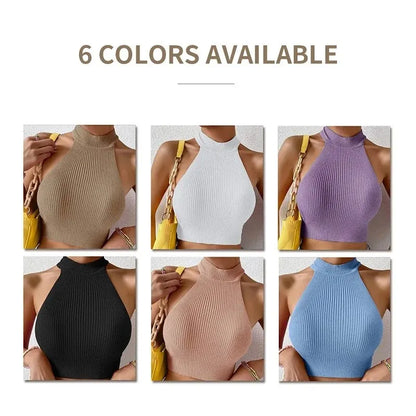 Y2K Chic: Women's Sleeveless Knit Halter Top - Slim Fitted Crop, Basics Solid Design, Turtleneck Ribbed Vest, High Neck Tank