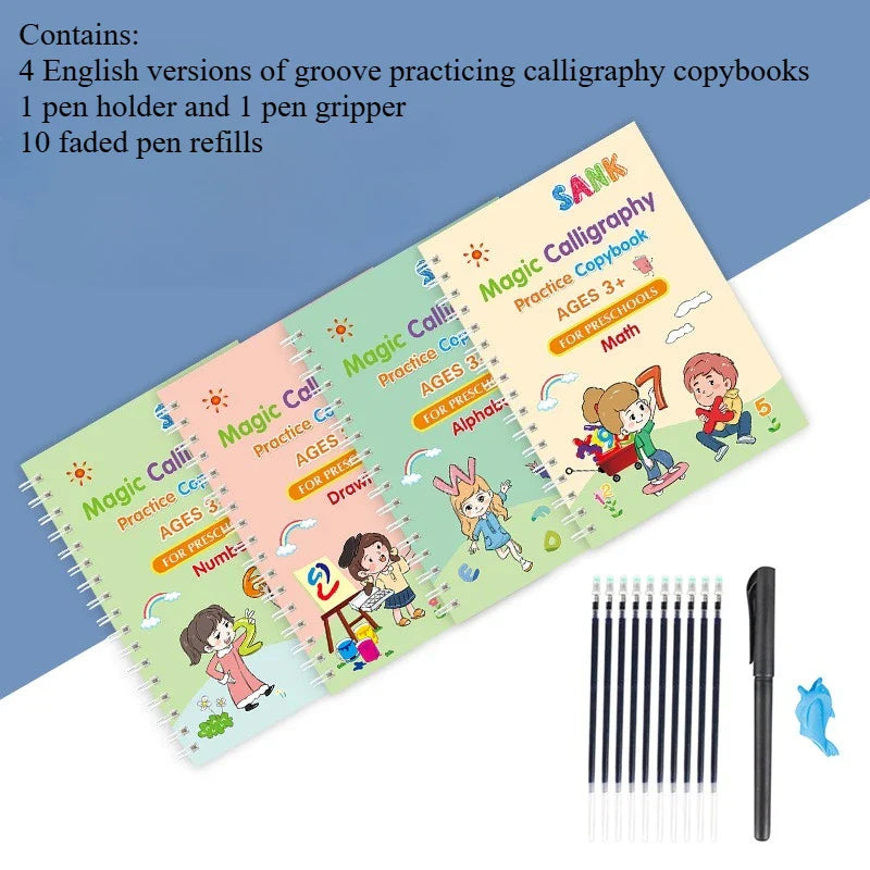Sank Magic Practice Copybook Set – Reusable Writing Workbook with Pen, English Calligraphy for Preschool Kids Learning & Handwriting Practice