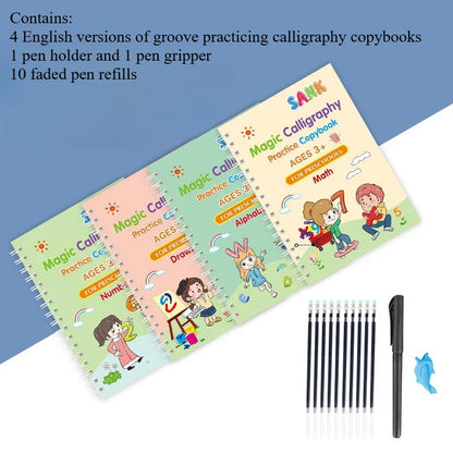 Sank Magic Practice Copybook Set – Reusable Writing Workbook with Pen, English Calligraphy for Preschool Kids Learning & Handwriting Practice