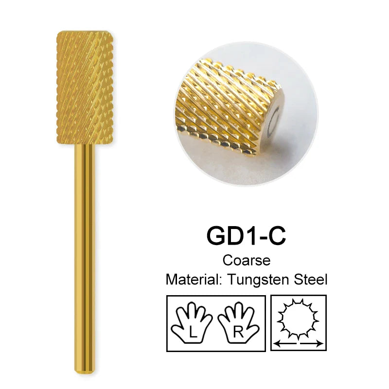 Gold Tungsten Carbide Nail Drill Bits – Large Barrel Milling Cutter, Pro Reversed Durable Grinding & Polishing Tools Accessories 4XC