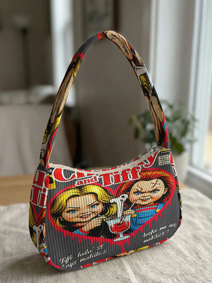 Chucky & Tiffany Print Shoulder Bag - Trendy Corduroy Underarm Bag for Daily Casual Use