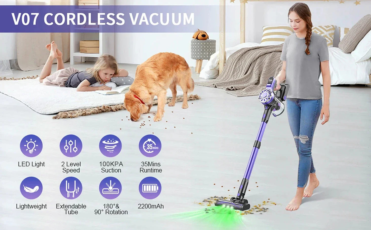GOOVI V07 Cordless Handheld Vacuum Cleaner - 100KPA Suction Power, 180W, 0.9L Dust Cup, for Pet and Home Cleaning