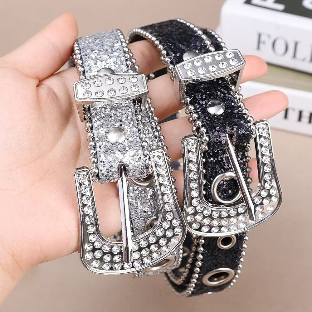 Y2K Women’s PU Leather Rhinestone Belt – Adjustable Glitter Crystal Waistband for Club & Party