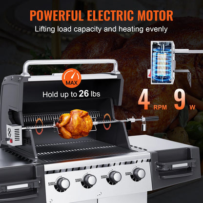 SucceBuy Universal Grill Rotisserie Kit – 9W Motor Stainless Steel Electric BBQ Automatic Grilling Set