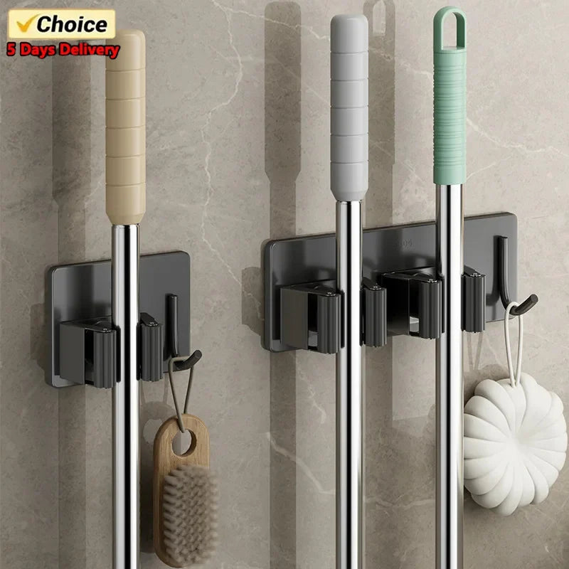 Non-Perforated Stainless Steel Mop Holder — Wall-Mounted Broom & Mop Clamp Hook for Bathroom & Door Storage