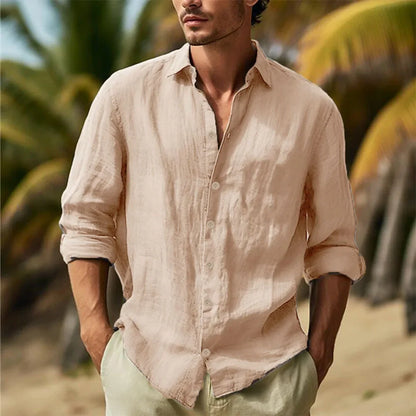 Men’s Cotton Linen Hawaiian Shirt – Solid White Turn-Down Collar Lightweight Breathable Casual Streetwear Large Size