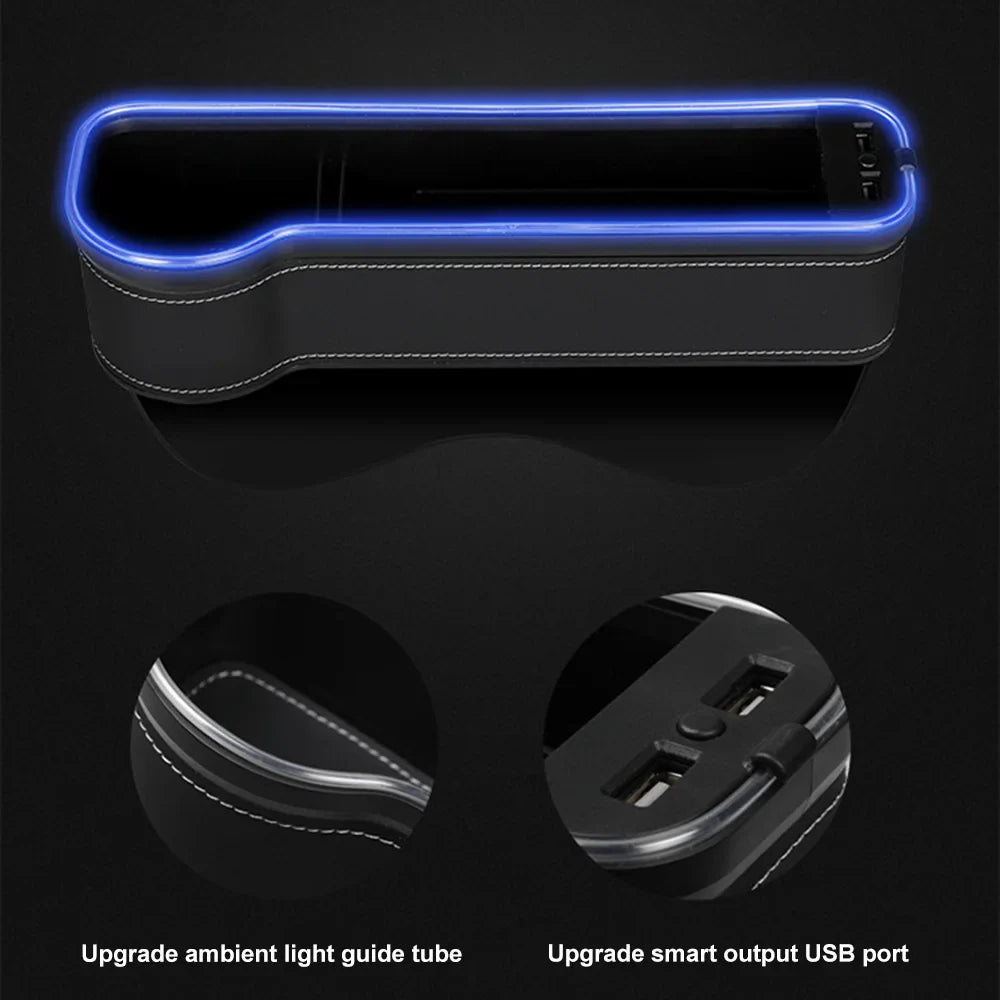 Car Crevice Storage Box with 2 USB Charger – LED Seat Gap Organizer, Phone, Bottle, and Cup Holder