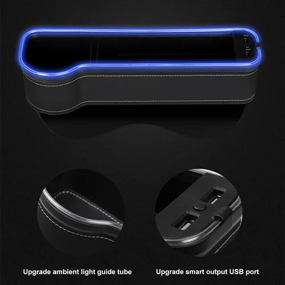Car Crevice Storage Box with 2 USB Charger – LED Seat Gap Organizer, Phone, Bottle, and Cup Holder