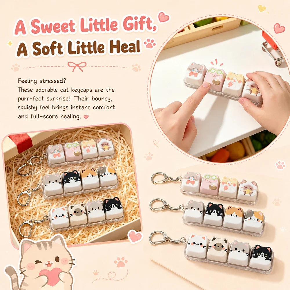 Cute Cat Relax Keycap Fidget Toy - Kawaii 4-Key Keyboard Keychain & Bag Charm Gift