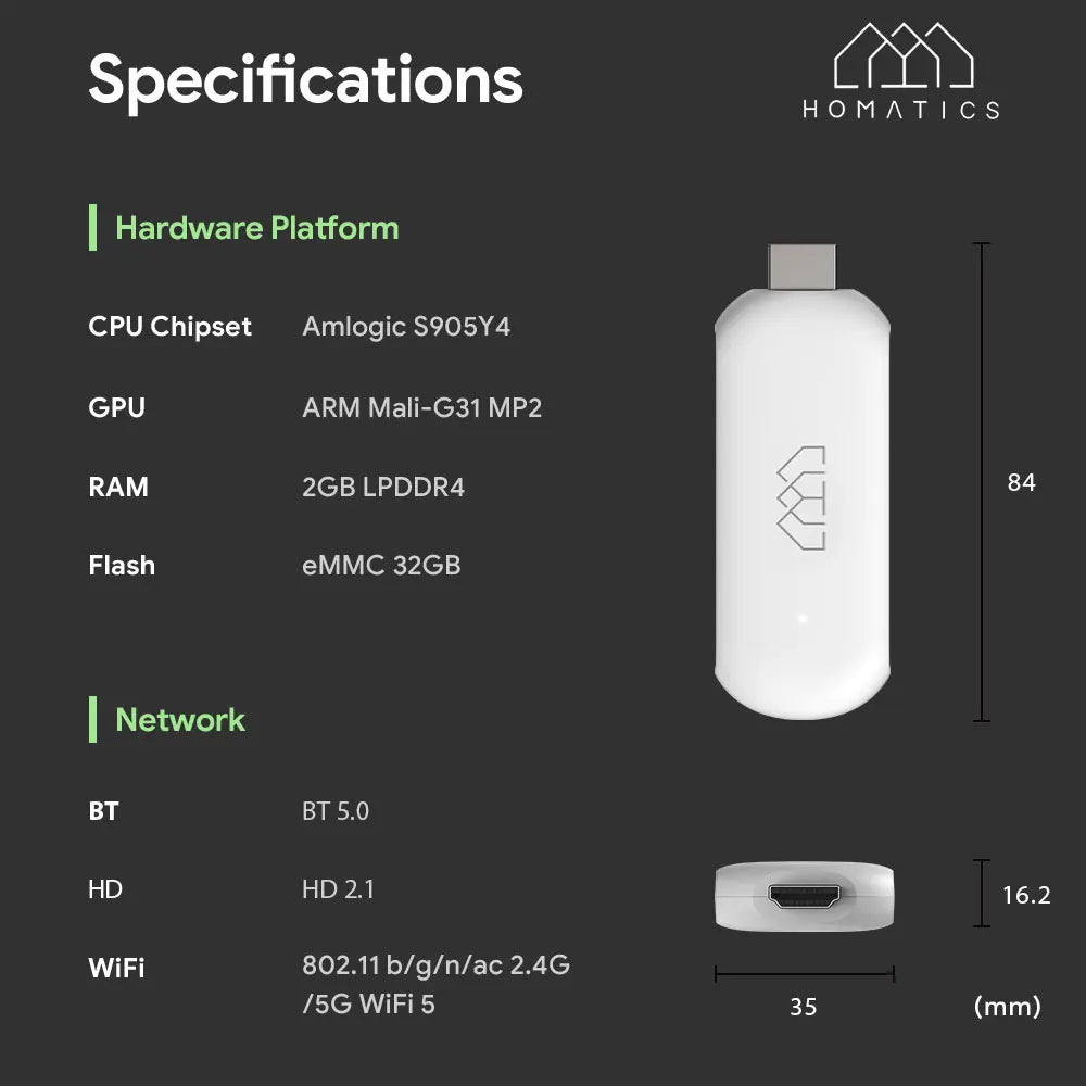 HOMATICS 4K TV Stick – Google Certified, Netflix, 2GB+32GB, Dolby Atmos, Amlogic S905Y4, WiFi Streaming Box