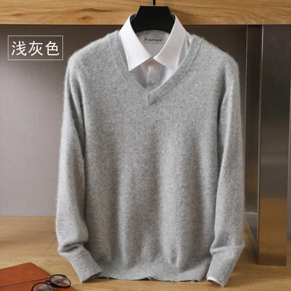 Men’s 100% Pure Mink Cashmere Sweater – V-Neck Knit Pullover, Long Sleeve Winter Jumper, Large Size High-End Top