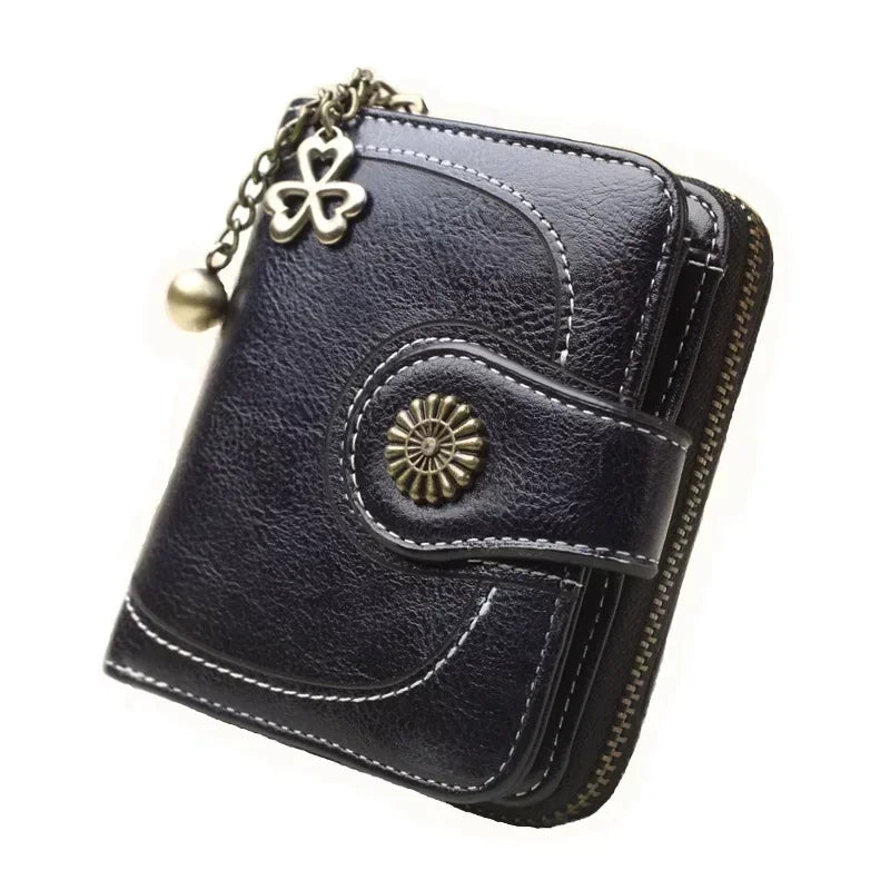 Women’s PU Leather Wallet — Short Hasp Coin & Card Holder, Small Money Bag Clutch in Blue & Red