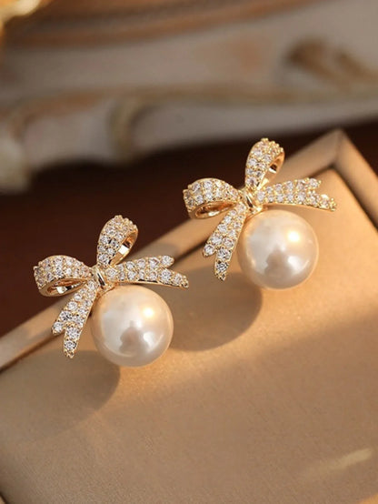 Women’s Silver Bow Earrings with Diamond Pearl – Fashionable High-End Studs
