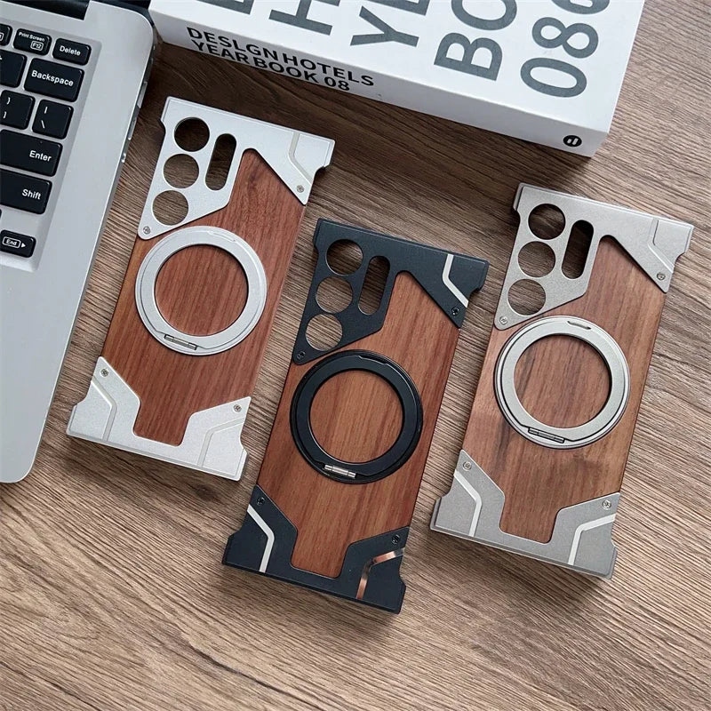 Aluminum & Wooden Magnetic Phone Case – 360° Shockproof Magsafe Cover for Samsung Galaxy S22-S25 Ultra