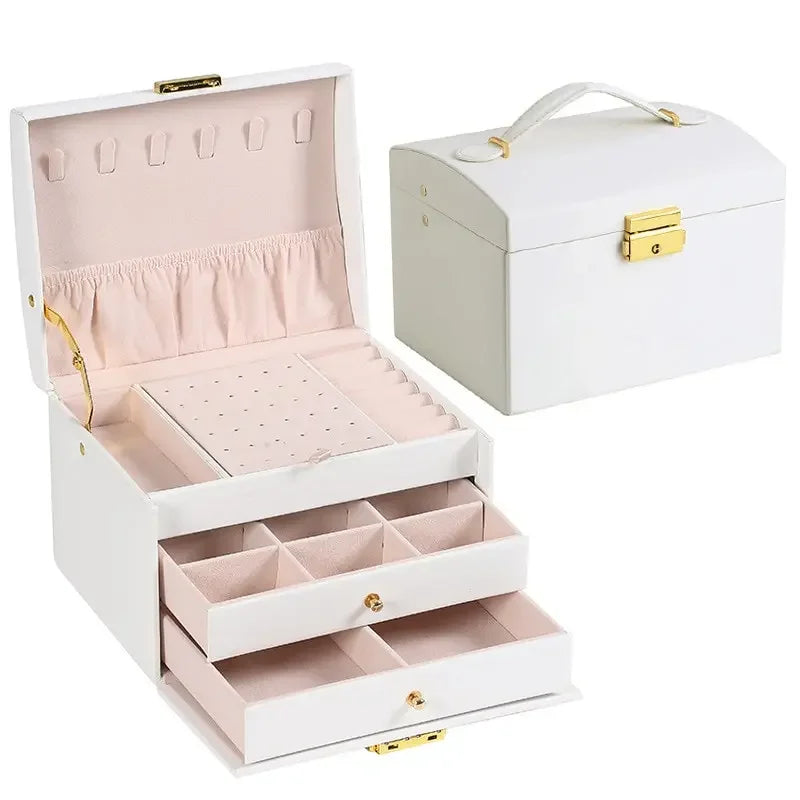 Multi-Functional Three-Layer Leather Jewelry Box – Drawer Style Organizer with Lock for Earrings