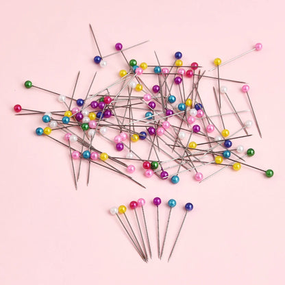 100Pcs/Box Colorful Round Pearl Head Sewing Pins - 38cm Straight Stitch Push Needles for Dressmaking & DIY Sewing Tools