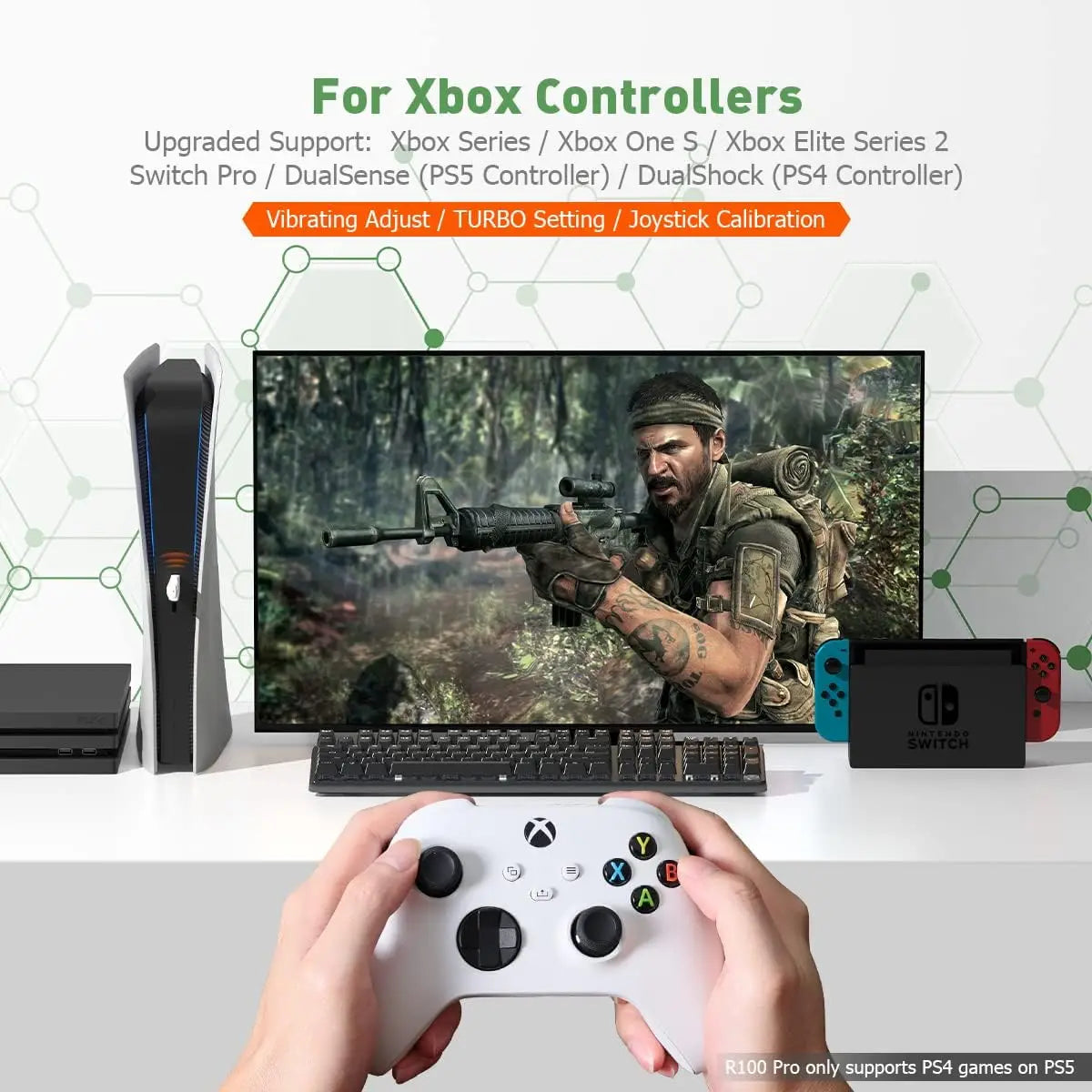 BIGBIGWON R100 Pro Wireless Adapter – Compatible with Xbox One, Series X|S, Elite Series 2, PS5, PS4 & Switch Controllers