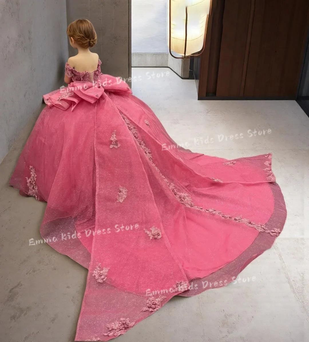 Lace Flower Girl Dress - 3D Floral Appliqué, Beading & Long Bow Ball Gown