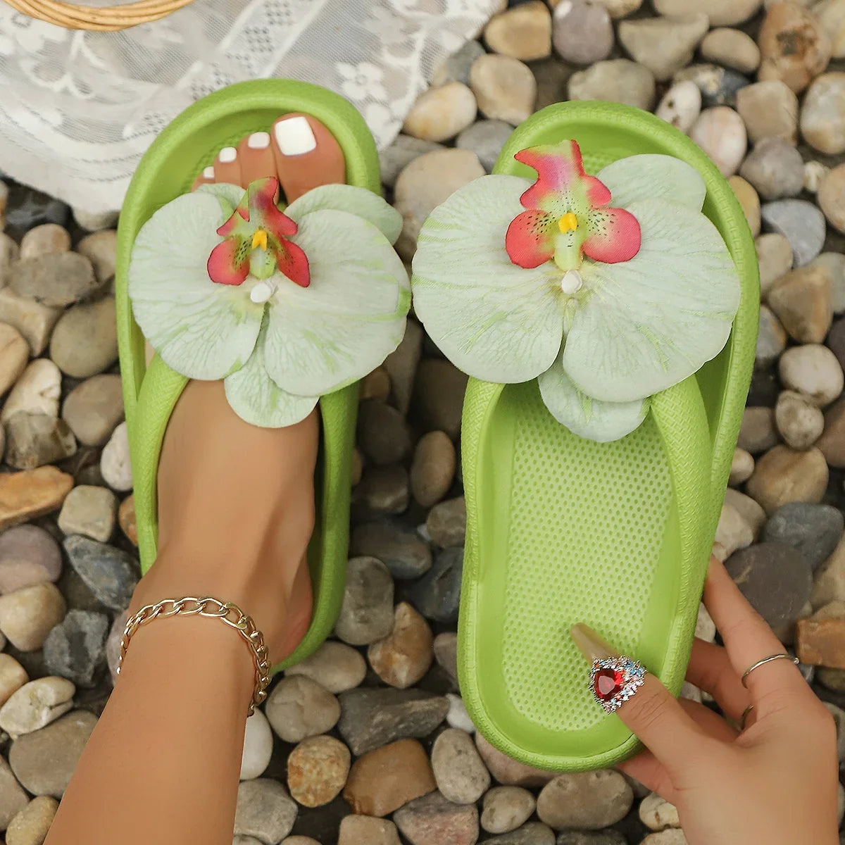 Women’s Phalaenopsis Flower Flip Flops - Cute Multicolor Summer Slippers