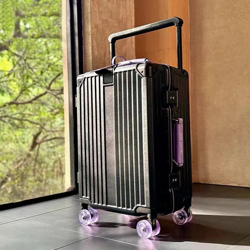 Aluminum Frame Rolling Luggage — Wide Handlebar Trolley Suitcase with Colorful Silent Spinner Wheels, TSA Lock & Large Capacity