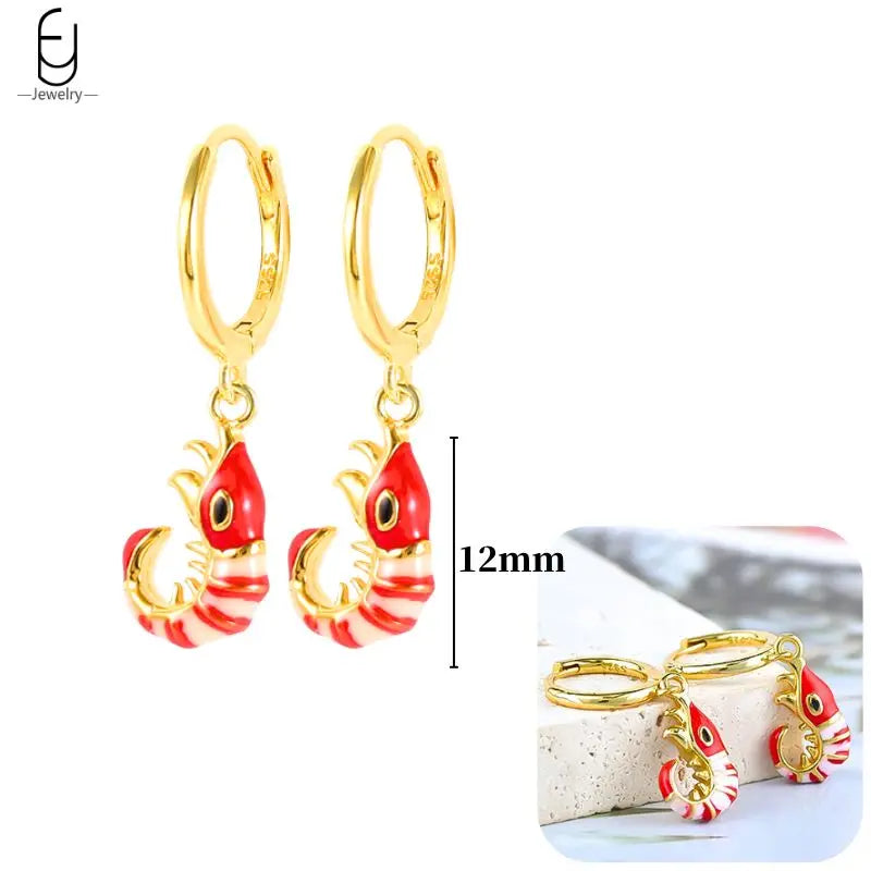 925 Sterling Silver Earrings for Women – Cute Starfish & Shrimp Pendant, Red Chili & Star Enamel Gold Fashion Jewelry