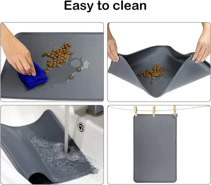 Waterproof Silicone Pet Food Mat – Non-Slip High-Lipped Feeding Bowl Mat for Cats & Dogs, Non-Stick Floor Protector Pad