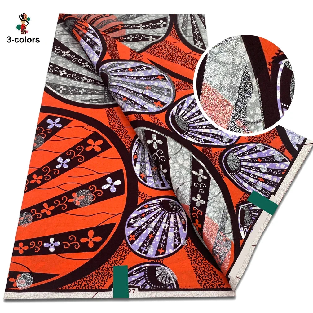 African Glitter Glam Wax Fabric - 100% Cotton Golden Ankara Print 6 Yards