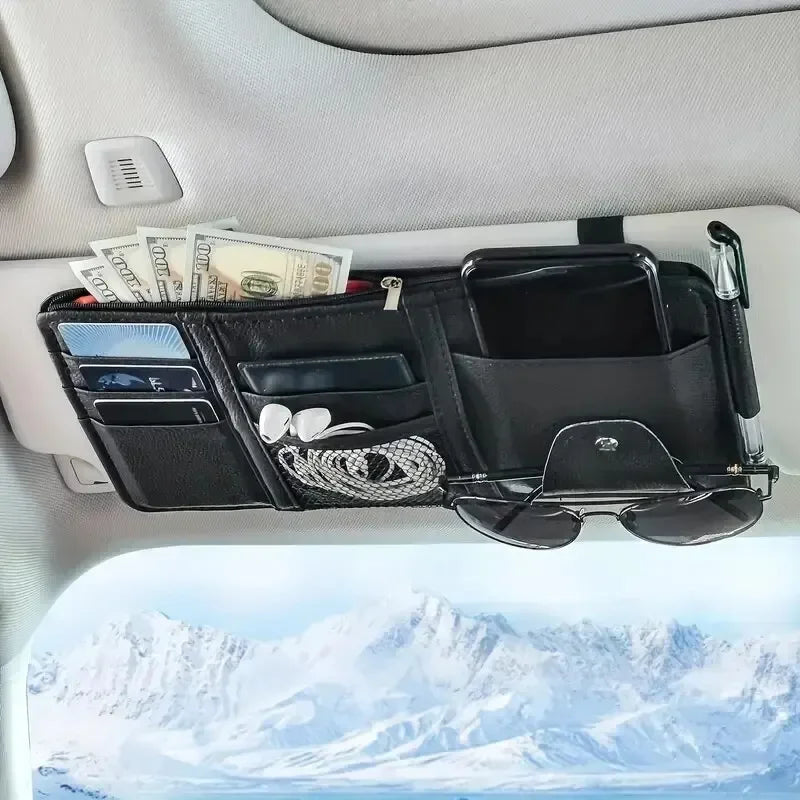 Car Sun Visor Organizer – Sunglass & Mobile Holder, Multi-Pocket Card Storage Pouch for Auto Interior