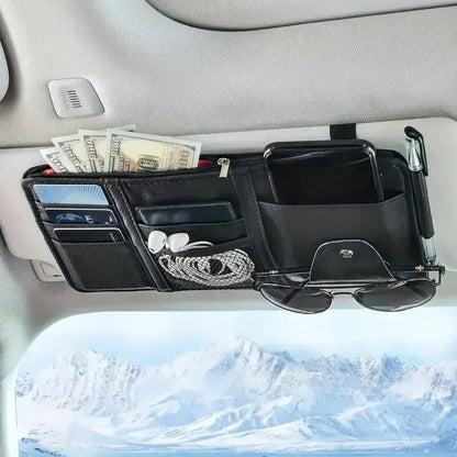 Car Sun Visor Organizer – Sunglass & Mobile Holder, Multi-Pocket Card Storage Pouch for Auto Interior