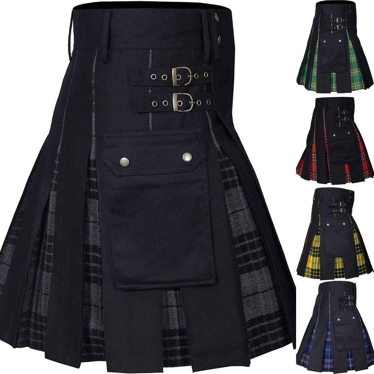 Men's Utility Hybrid Kilt - 100% Cotton Denim Tartan Style Box Pleated Traditional Kilt